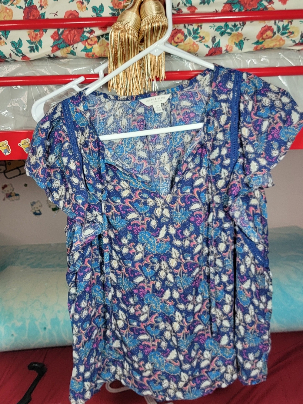 Lucky Brand Navy Blue Floral Paisley Ruffle Sleeve Blouse Size Small